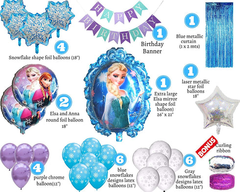 Frozen Birthday Party Supplies. Elsa and Anna Balloon Bouquet. Snowflakes Balloon. Metallic Tinsel Foil Fringe. 28pc party decoration kit.