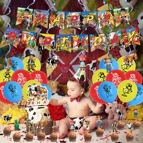 38 Pcs Zenon Farm Theme Birthday Party Decorations,Party Supply Set for Kids with 1 Happy Birthday Banner Garland , 13 Cupcake Toppers, 18 Balloons,6 Spiral for Party Decorations