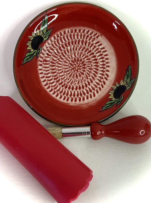 BonCera, All-in-one 4pcs Premium Ceramic Garlic Grater Set - HandMade, Red Sunflower Design Grater Plate w/Garlic Peeler, Gathering Brush, Display Stand, It's also grating Turmeric, Ginger, and more.