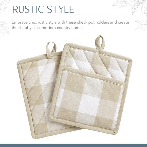 Elrene Home Fashions Farmhouse Living Buffalo Check Pot Holder Pair, 8" x 9", Tan/White 2