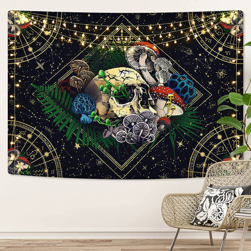 Skull Tapestry Colorful Mushroom Tapestry Constellation Tapestry Black Starry Tapestry Trippy Tarot Tapestry Wall Hanging for Room (59.1 x 82.7 inches)