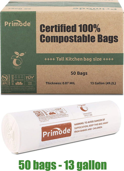 Primode 100% Compostable Bags, 13 Gallon Food Scraps Yard Waste Bags, 50 Count, Extra Thick 0.87 Mil. ASTMD6400 Compost Bags Small Kitchen Trash Bags, Certified By BPI And TUV