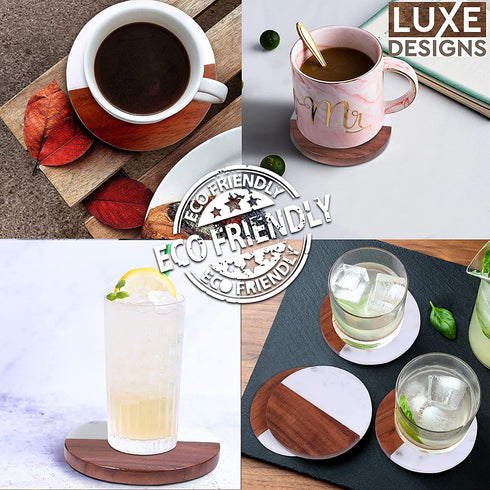Acacia Wood & White Marble Coasters with Holder (4 Piece) Round Absorbent Coasters for Drinks: Tea, Coffee, Wine & More Fancy Half Marble Half Wood Coasters Set for Home & Kitchen Décor (4?)