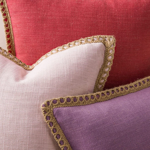 Phantoscope Pack of 2 Farmhouse Decorative Throw Pillow Covers Burlap Linen Trimmed Tailored Edges Purple 22 x 22 inches, 55 x 55 cm