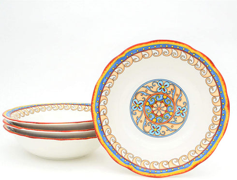 Euro Ceramica Duomo Collection Pasta Bowl Set of 4, Italian Floral Design, Multicolor, gold and cream
