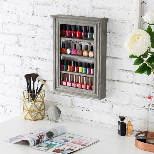 MyGift Vintage Gray Wood Hanging Nail Polish Rack Wall Mount Organizer, 4 Tier Makeup Bottle Holder or Essential Oil Display