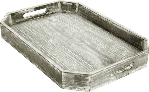 MyGift Gray Wood Serving Tray with Handles - Rustic Farmhouse Decor Breakfast, Ottoman, Coffee Table Decorative Tray with Angled Edges