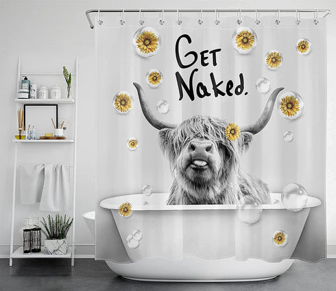 ECOTOB Highland Cow Get Naked Shower Curtain, Grey Funny Farm Animal Highland Cow in Bathtub Shower Curtain Sets, Farmhouse Yellow Floral Sunflower Shower Curtain Hooks Included, 69x70 inches