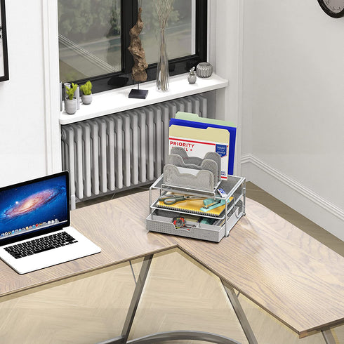 SimpleHouseware Mesh Desk Organizer with Sliding Drawer, Double Tray and 5 Stacking Sorter Sections, Silver
