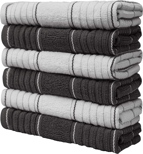 Pack of 6 Premium Kitchen Towels Set - Window Pane Design Kitchen Hand Towels - Large, 435 GSM, Ultra Absorbent - Dish Towels for Drying Dishes - Cotton Tea Towels - Kitchen Hand Towels - Grey