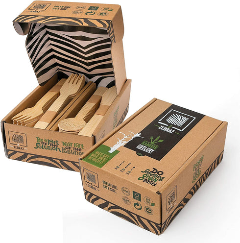 Biodegradable Real Bamboo Utensils/Cutlery Set 100 Disposable Reusable Utensils (50 Forks, 25 Knives, 25 Spoons) BBQ & Camping Accessories by 2 ZEBRAZ