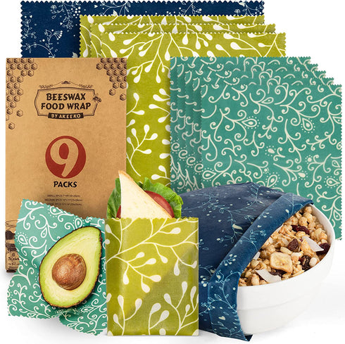 Reusable Food Wraps w/Beeswax Assorted 9 Packs - Eco-Friendly Reusable Wraps, Biodegradable, Zero Waste, Organic, Sustainable, Plastic-Free Food Storage, 5S, 3M, 1L w/ Abstract Curves Pattern