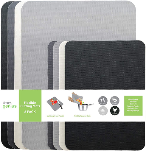 Simply Genius (8 Piece) Extra Thick Cutting Boards for Kitchen Prep, Non Slip Flexible Cutting Mat Set, Dishwasher Safe, BPA Free Plastic Colorful Chopping Mats for Meat and Vegetables