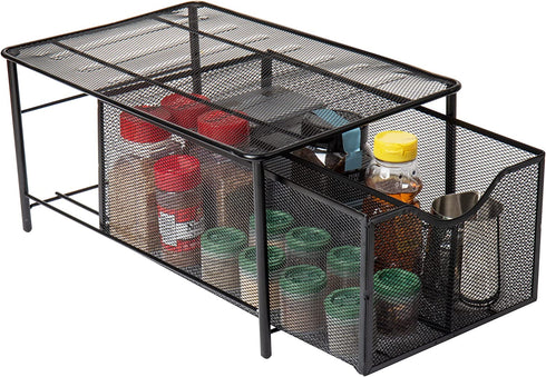 Mind Reader 'CABASKDR' Black Metal Mesh Storage Basket with Sliding Drawer and Steel Mesh Platform On Top