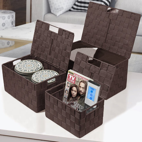 Sorbus Storage Box Woven Basket Bin Container Tote Cube Organizer Set Stackable Storage Basket Woven Strap Shelf Organizer Built-In Carry Handles (Lid Bins - 3 Pack, Chocolate)