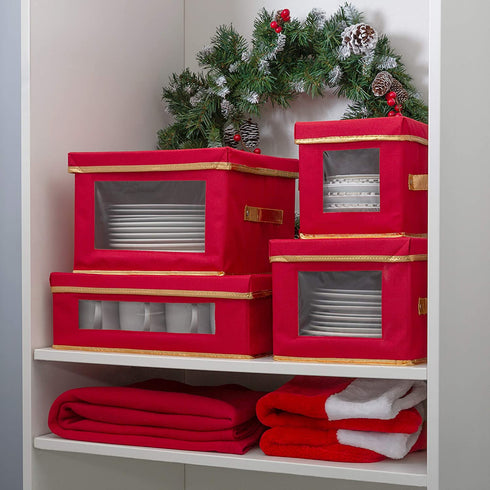 Simplify 12 Count Mug & Cup Storage Box, Individual Compartments China Tableware Containers, Red