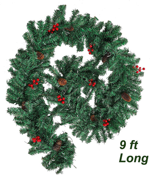 9 Ft Pre-lit Lighted Christmas Garland Decor, Festive Holiday Decoration for Outdoor/Indoor, Green Pine Branches with Red Berries and Pine Cones, Waterproof 50 Warm Lights with Timer