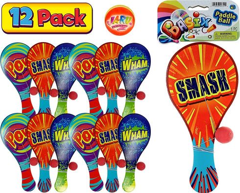 JA-RU Wood Paddle Ball with String (12 Packs) Real Quality Paddle Balls Classic Game Toy. Plus 1 Bouncy Ball | Item #751-12A