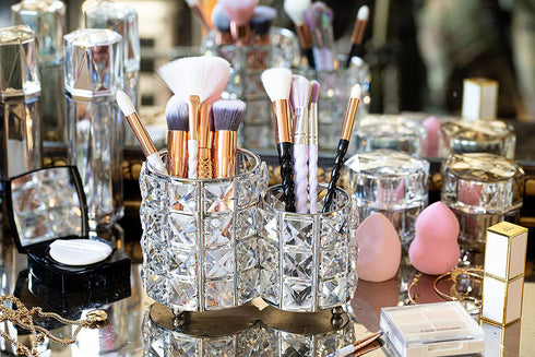 Makeup Brush Holders Crystal Makeup Brush Organizer Makeup Storage Makeup Brush Cup Holders Handcrafted Bling Gorgeous Decor for Vanity Extra Capacity Wide Opening (Silver)