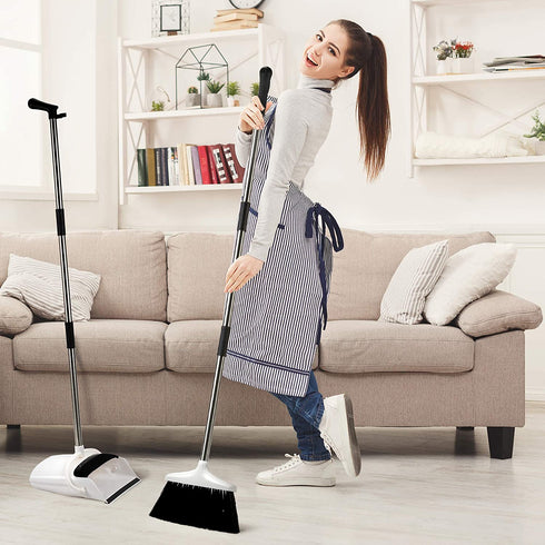 Broom and Dustpan Set - Premium Long Handled Broom Dustpan Combo - Upright Standing Lobby Broom and Dust Pan Brush w/ Handle - Great Edge, Lightweight and Robust