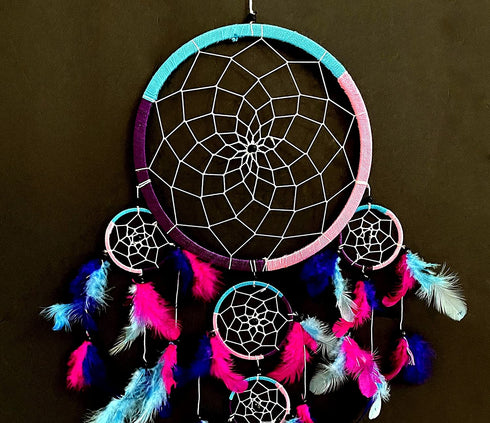 OMA Dream Catcher - Hand Made Traditional Tie Dye Colors Turquoise, Pink & Purple Feathers - 9" Diameter & 30" Long