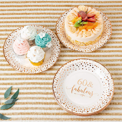 Crisky 60 Fabulous Disposable Plates for Women 60th Birthday Decorations Rose Gold Dessert, Buffet, Cake, Lunch, Dinner Disposable Plates 60th Birthday Party Table Supples, 50 Count, 9 inches