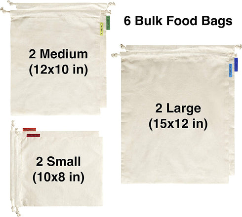 Colony Co. Reusable Bulk Food Bags, Set of 6 - Assorted Sizes, Certified Organic Cotton Muslin, Tare Weight Label, Washable, Double-Drawstring Design, Recyclable Packaging, Zero Waste