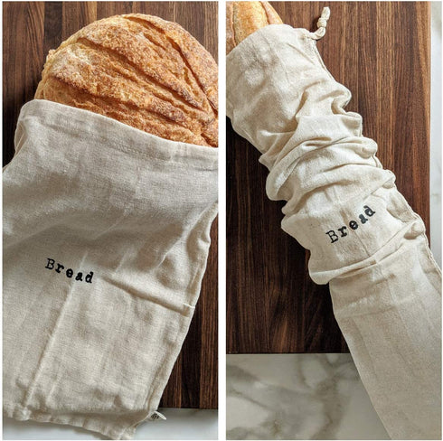Montecito Home Combo Set of One 12"x15" Boule and One 6"x26" Baguette Farmhouse Natural Linen Bread Bags, Reusable Drawstring Bag for Homemade Bread Storage, Perfect for Bakers, House Warming, Etc.