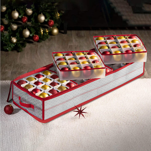 Sturdy Plastic Underbed Christmas Ornament Storage Box, 6 Trays Keeps 96 Holiday Christmas Ornaments 3" Compartments, with 2 Sided Dual Zipper Closure - Xmas Decorations Accessories,