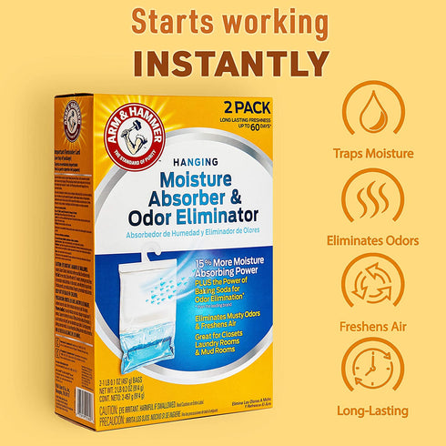 Arm & Hammer Fragrance Free Hanging Moisture Absorber and Odor Eliminator 2 Pack - Traps Moisture for Fresher, Cleaner Air