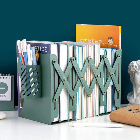 Adjustable Bookend Metal Book Ends Nonskid Bookends Desk Bookshelf Book Rack Binder Holder, Book End for Heavy Book Holder, Desk Books Organizer (Green)