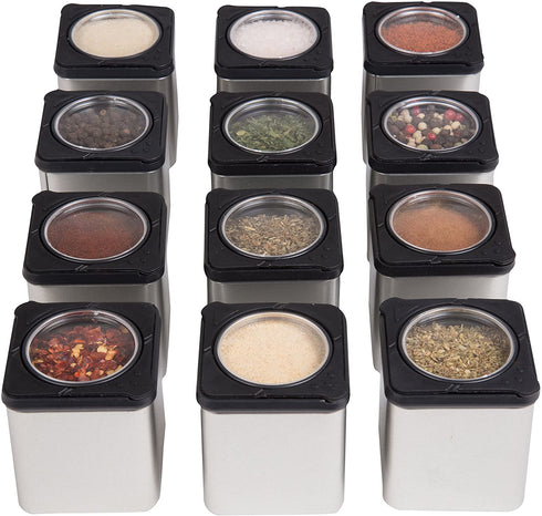 Magnetic Spice Jars- Shake or Pour Containers Attach to Most Refrigerator Doors- Set of 12 Dispensers- Easy Open Window Top Shakers