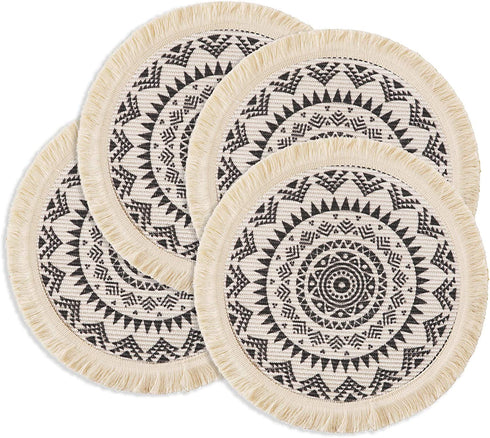 OJIA Round Placemats Set of 4,Boho Tassels Table Mats 13 Inch Black and Cream Cotton Woven Heat Proof Washable Circle Kitchen Placemats for Table Dinner Wedding Home Decoration