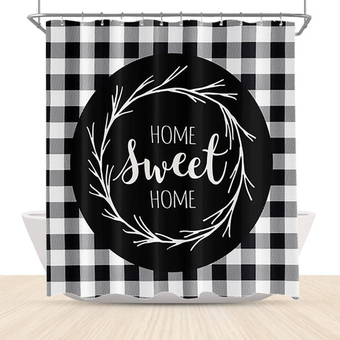 Sweet Home Shower Curtain Farmhouse Style Funny Quote Fall Floral Decor in Black White Buffalo Check Shower Curtain 60x72 Inch Polyester Fabric Decor