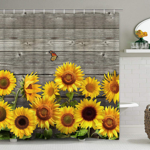 Likiyol Sunflower Shower Curtains, Wooden Board Sunflowers Shower Curtain with 12 Hooks for Bathroom Waterproof Durable Shower Curtains (Brown Yellow, 70 x 69 inches)
