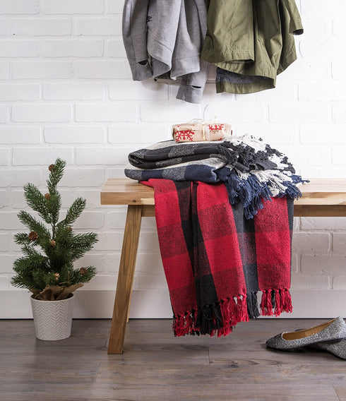 DII Buffalo Check Collection Rustic Farmhouse Throw Blanket with Tassles, 50x60, Tango Red/Black