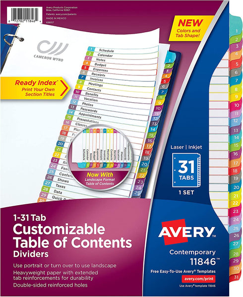 Avery 31-tab Dividers for 3 Ring Binders, Customizable Table of Contents, Multicolor Tabs, 1 Set (11846)