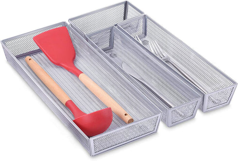 Kitchen Drawer Organizer, 4 Separate Compartments Mesh Silverware Organizer, Utensil Storage Organizer Flatware Silverware Tray with Anti-Slip Mats