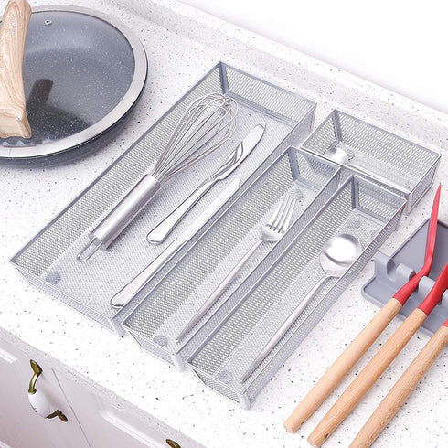 Kitchen Drawer Organizer, 4 Separate Compartments Mesh Silverware Organizer, Utensil Storage Organizer Flatware Silverware Tray with Anti-Slip Mats