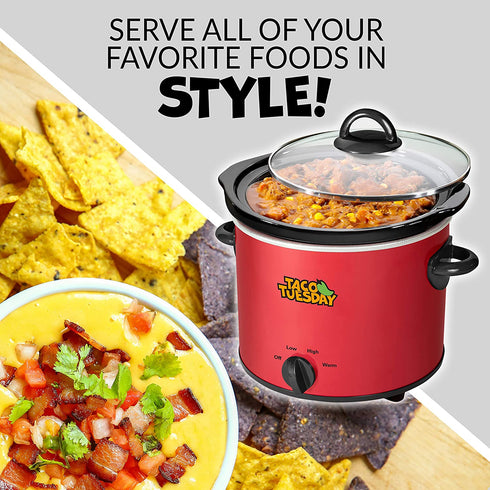Taco Tuesday 4-Quart Fiesta Slow Cooker With Tempered Glass Lid, Cool-Touch Handles, Removable Round Ceramic Pot, Red