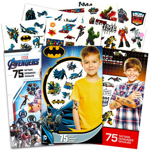 Superhero Tattoos for Boys Kids Party Bundle -- 200+ Licensed Temporary Tattoos Featuring Transformers, Batman, and Marvel Avengers (Party Supplies)