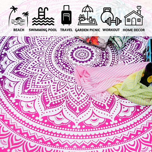 Folkulture Round Mandala Tapestry or Beach Blanket, Set of 2 Hippie Boho Mandala Tapestry, Indian Circle Tablecloth or Rug, Large Cotton Bohemian Yoga Mat for Meditation - 72 Inches, Green and Pink
