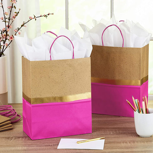 Hallmark 13" Large Paper Gift Bags (Pack of 6 - Pink & Kraft) for Birthdays, Easter, Weddings, Mother's Day, Baby Showers, Bridal Showers or Any Occasion