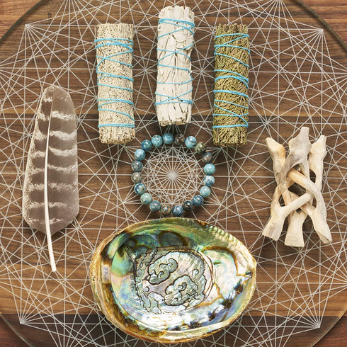 3 Sage Smudging Kit - White Sage, Blue Sage & Cedar | Smudge Kit with Abalone Shell, Stand, Instructions, Blessings & Blue Agate Bracelet (White, Blue & Cedar)