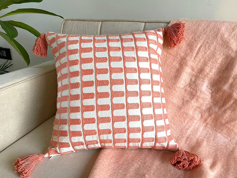 KEMA Cotton Decorative 20x20 Square Throw Pillow Cover, Peach Pink Boho Throw Pillow Covers with Tassels, Woven Tufted Fall Pillow Covers for Couch Bedroom Living Room Car (NO Insert, 2 Pcs)