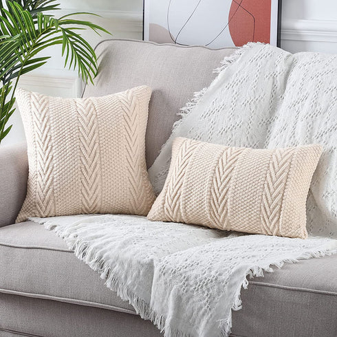 MANDIOO Cotton Knitted Decorative Throw Pillow Covers Soft Cozy Outdoor Cushion Cases Luxury Modern Pillowcases for Couch Sofa Bed 20x20 Inches Beige