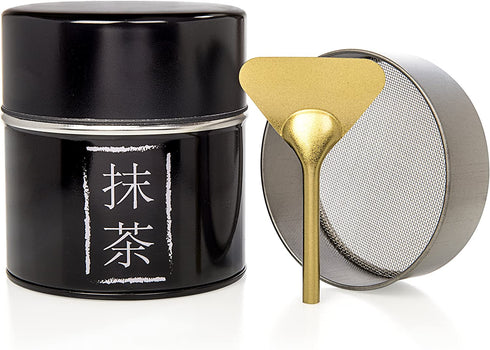 Tealyra - Matcha Plated Aluminum Tin and Stainless Steel Mesh Sifter and Scoop - Matcha Green Tea Strainer Can - Removable Sifter Part - Make Perfect Matcha - Holds Up To 113g (4-ounce)