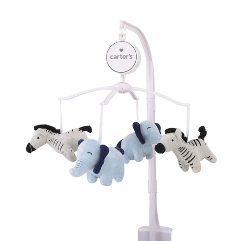 Carter's Safari Party - Musical Mobile with 2 Plush Blue Elephants & 2 Plush Grey & Black Striped Zebras, Blue, Grey, Black