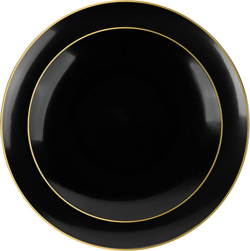 Plasticpro 32 Piece Combo Plate Set includes 16 - 7'' inch Plates & 16 - 10'' inch Dinner Plates Black Plastic With Gold Rim Design Party Plates, Premium heavyweight Elegant, Disposable