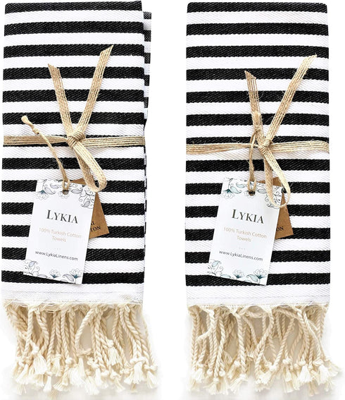 Lykia Turkish Hand Towel Set of 2 - Decorative Hand Towels for Bathroom and Kitchen - 100% Cotton 17x40 Inches - Great for Bath and Farmhouse Boho Style Housewarming Decor Gifts (Black and White)